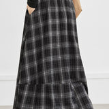 Casual Black and White Plaid Elastic-Waist A-Line Flare Skirt