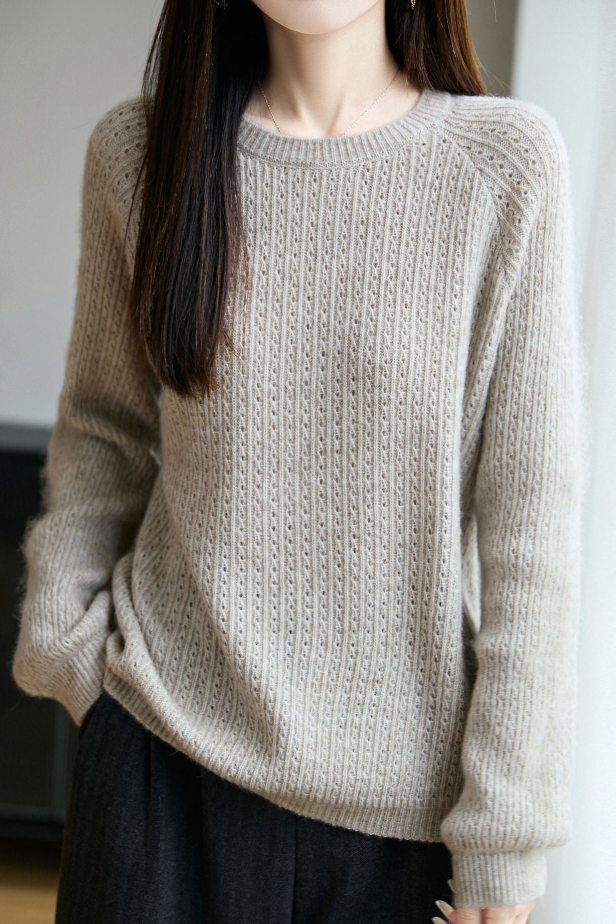 Casual Versatile Solid-Color Pullover Hollow-Out Knitted Top