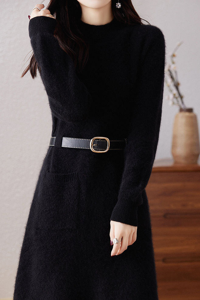 Casual Solid-Color Mid-Length Knitted Dress