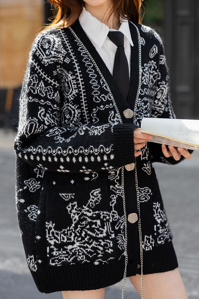 Casual Soft Jacquard V-Neck Knitted Cardigan