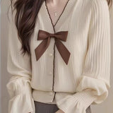 Elegant V-Neck Bowknot Pearl Knitted Cardigan