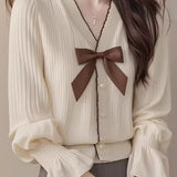 Elegant V-Neck Bowknot Pearl Knitted Cardigan