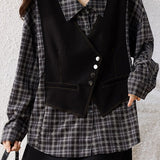 Casual Daily Fake Two-Piece Vest Plaid Shirt