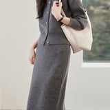 Elegant Pearl-Embellished Cardigan and Midi Skirt Two-Piece Set