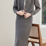 Elegant Pearl-Embellished Cardigan and Midi Skirt Two-Piece Set