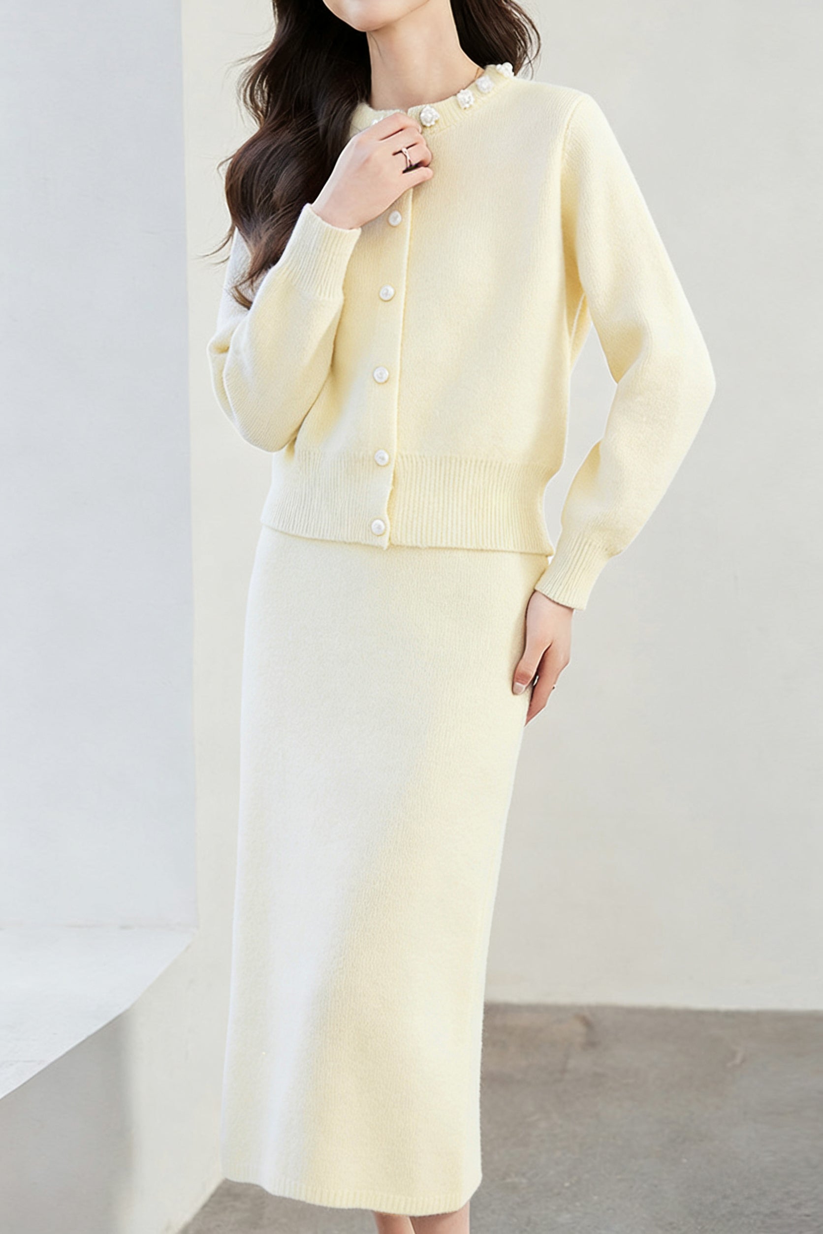 Elegant Pearl-Embellished Cardigan and Midi Skirt Two-Piece Set
