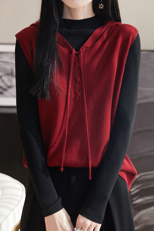 Casual Versatile Belted Hooded Knitted Vest