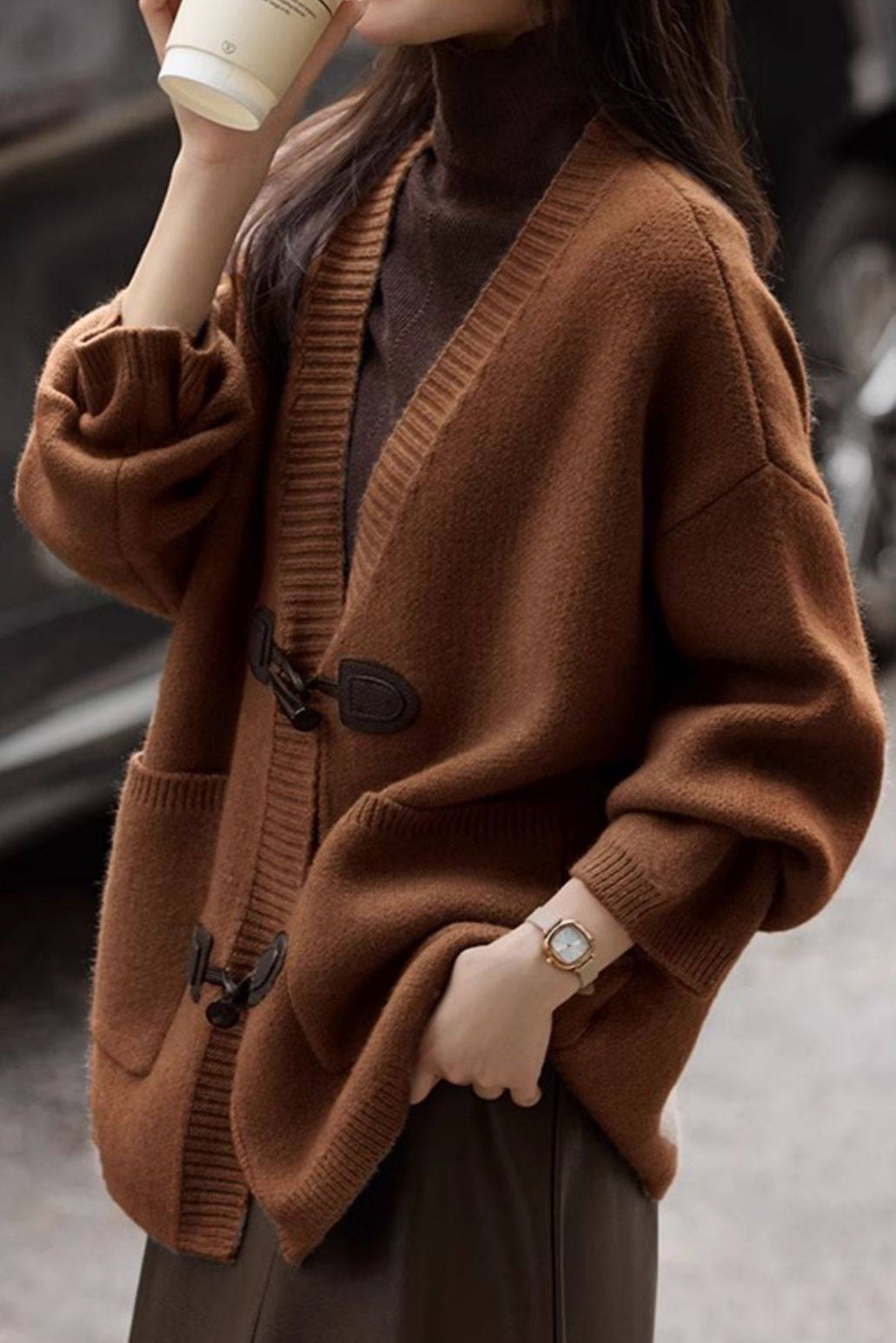 Casual Lazy V-Neck Denim Buckle Knitted Cardigan