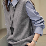 Casual Striped Fake Two-Piece Lapel Knitted Top