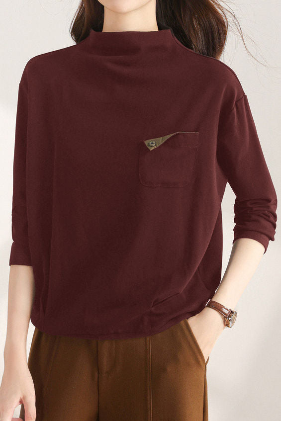 Casual Half-High Neck Pocket Design T-Shirt