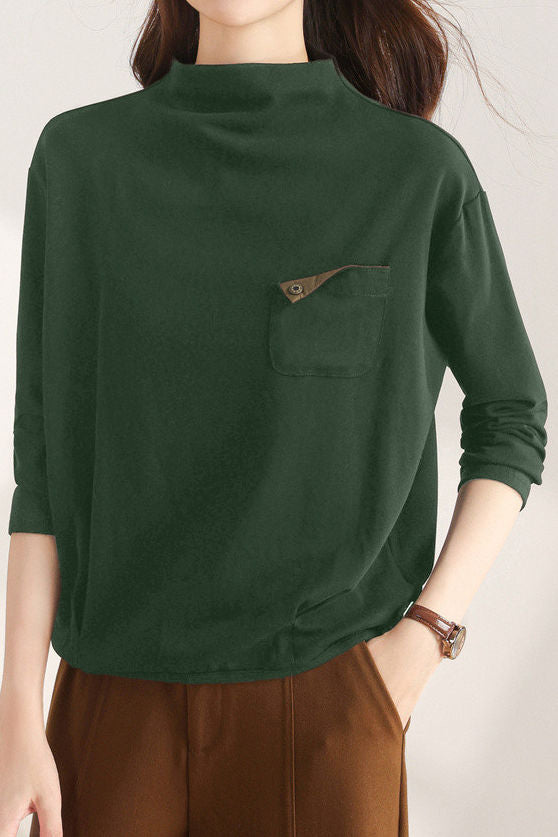 Casual Half-High Neck Pocket Design T-Shirt