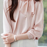 Casual Commuter Bowknot Pearl Tie Shirt