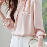 Casual Commuter Bowknot Pearl Tie Shirt