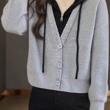 Casual Versatile Hooded Fake Two-Piece Color-Block Cropped Knitted Cardigan