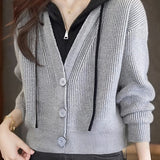 Casual Versatile Hooded Fake Two-Piece Color-Block Cropped Knitted Cardigan