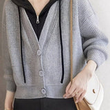 Casual Versatile Hooded Fake Two-Piece Color-Block Cropped Knitted Cardigan