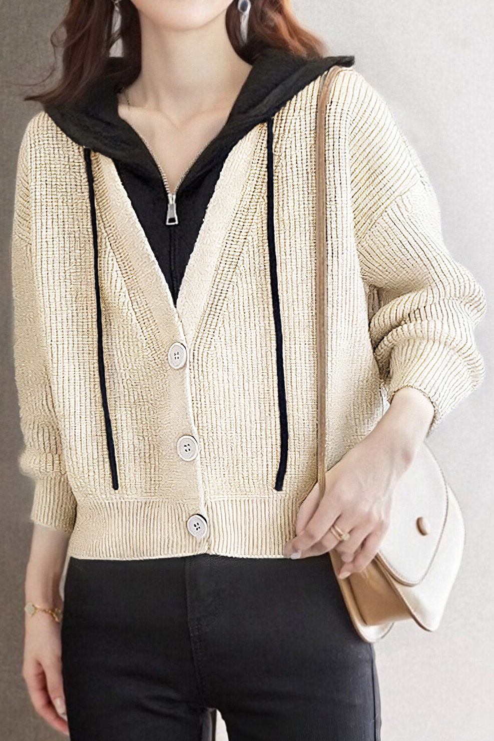 Casual Versatile Hooded Fake Two-Piece Color-Block Cropped Knitted Cardigan