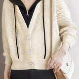 Casual Versatile Hooded Fake Two-Piece Color-Block Cropped Knitted Cardigan