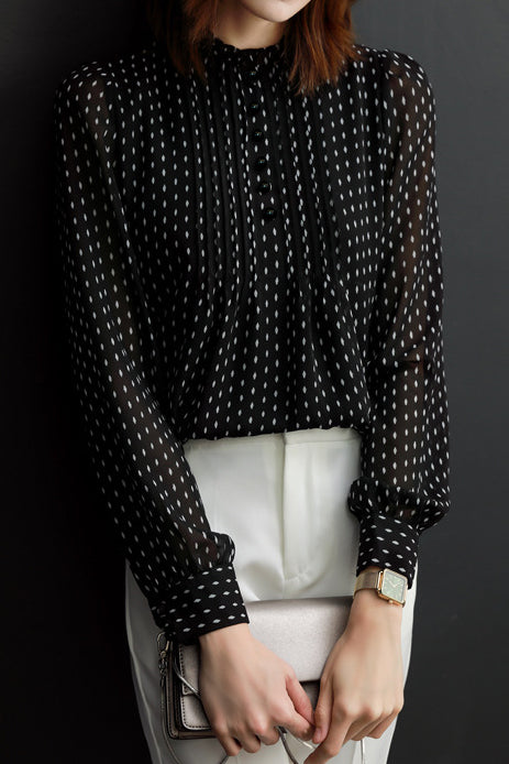 Casual Elegant Stand Collar Polka Dot Floral Chiffon Blouse