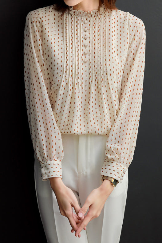 Casual Elegant Stand Collar Polka Dot Floral Chiffon Blouse