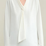 Commuter Elegant Ruffled V-Neck Neck Tie Blouse