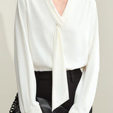 Commuter Elegant Ruffled V-Neck Neck Tie Blouse