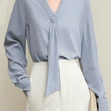 Commuter Elegant Ruffled V-Neck Neck Tie Blouse