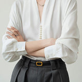 Elegant V-Neck Satin Pearl Embellished Blouse