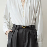 Elegant V-Neck Satin Pearl Embellished Blouse
