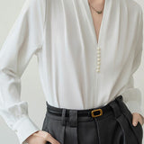Elegant V-Neck Satin Pearl Embellished Blouse