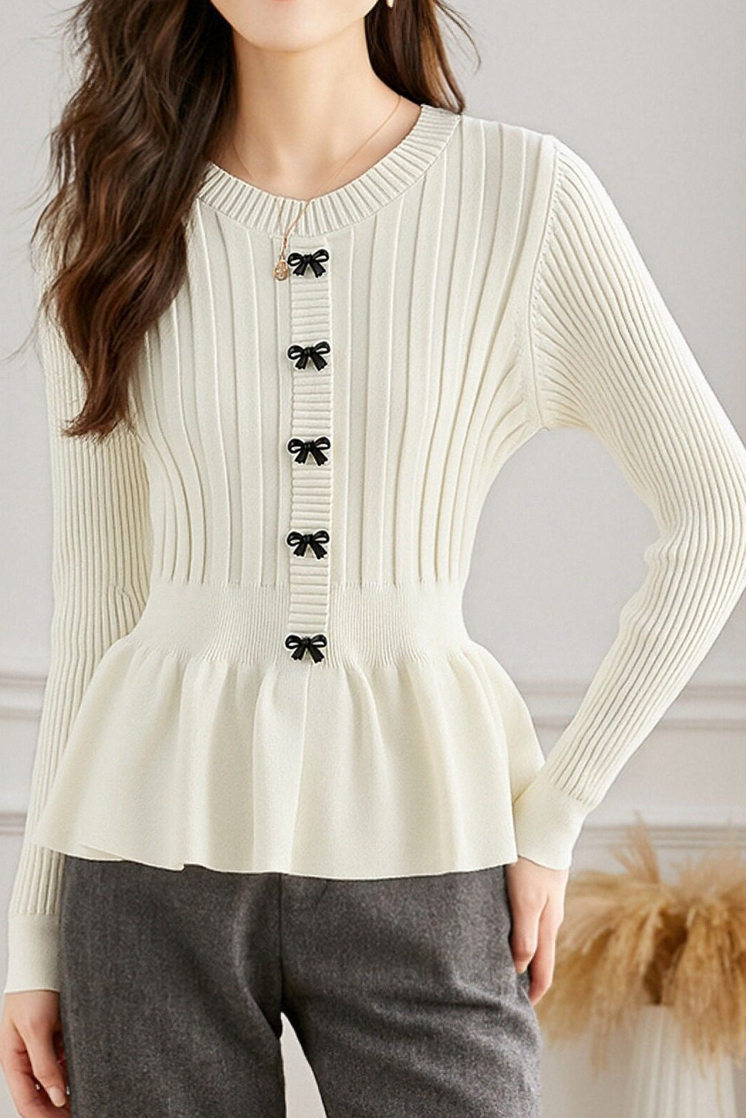 Casual Elegant Bowknot Decorative Button Pullover Knitted Top