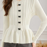 Casual Elegant Bowknot Decorative Button Pullover Knitted Top