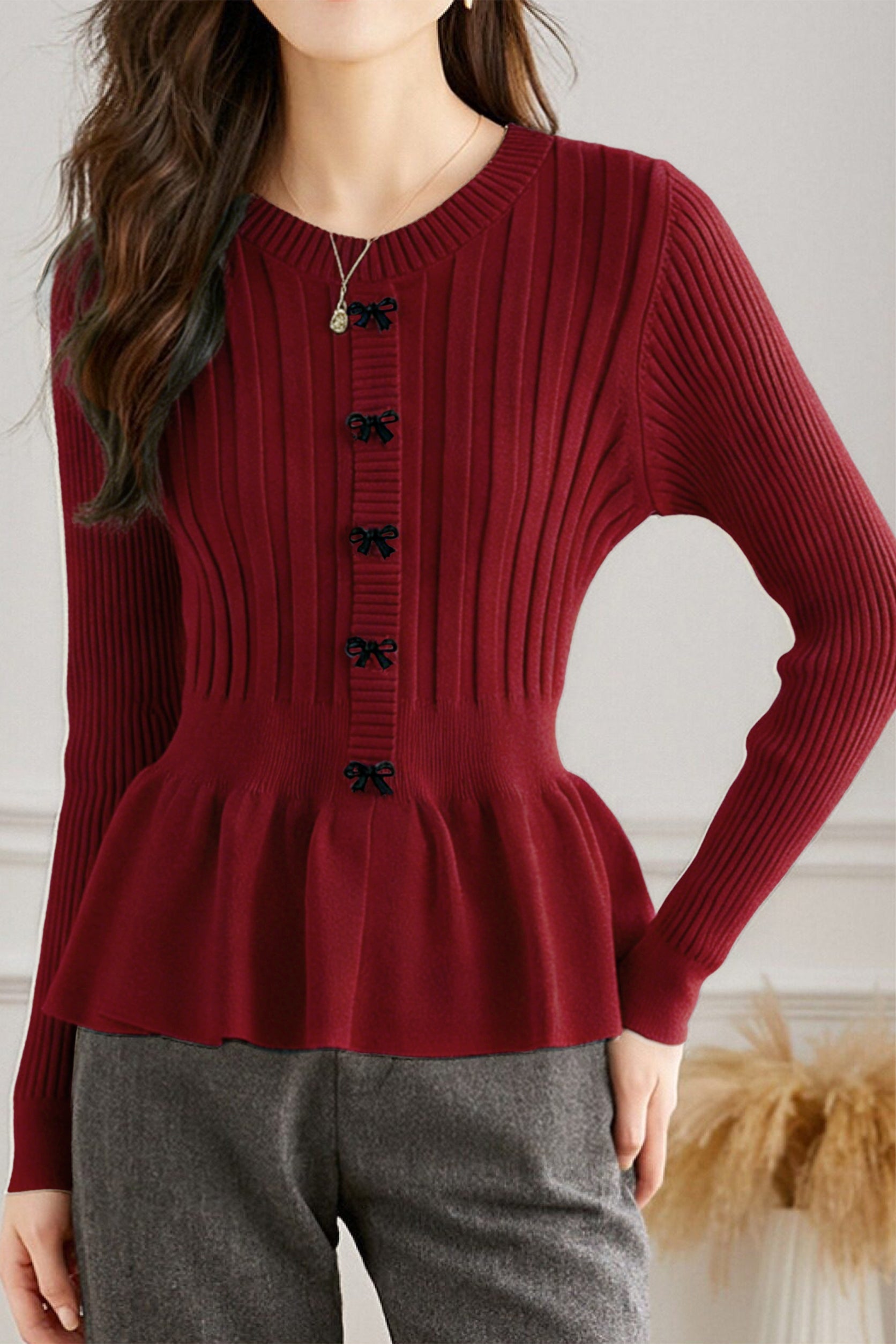 Casual Elegant Bowknot Decorative Button Pullover Knitted Top