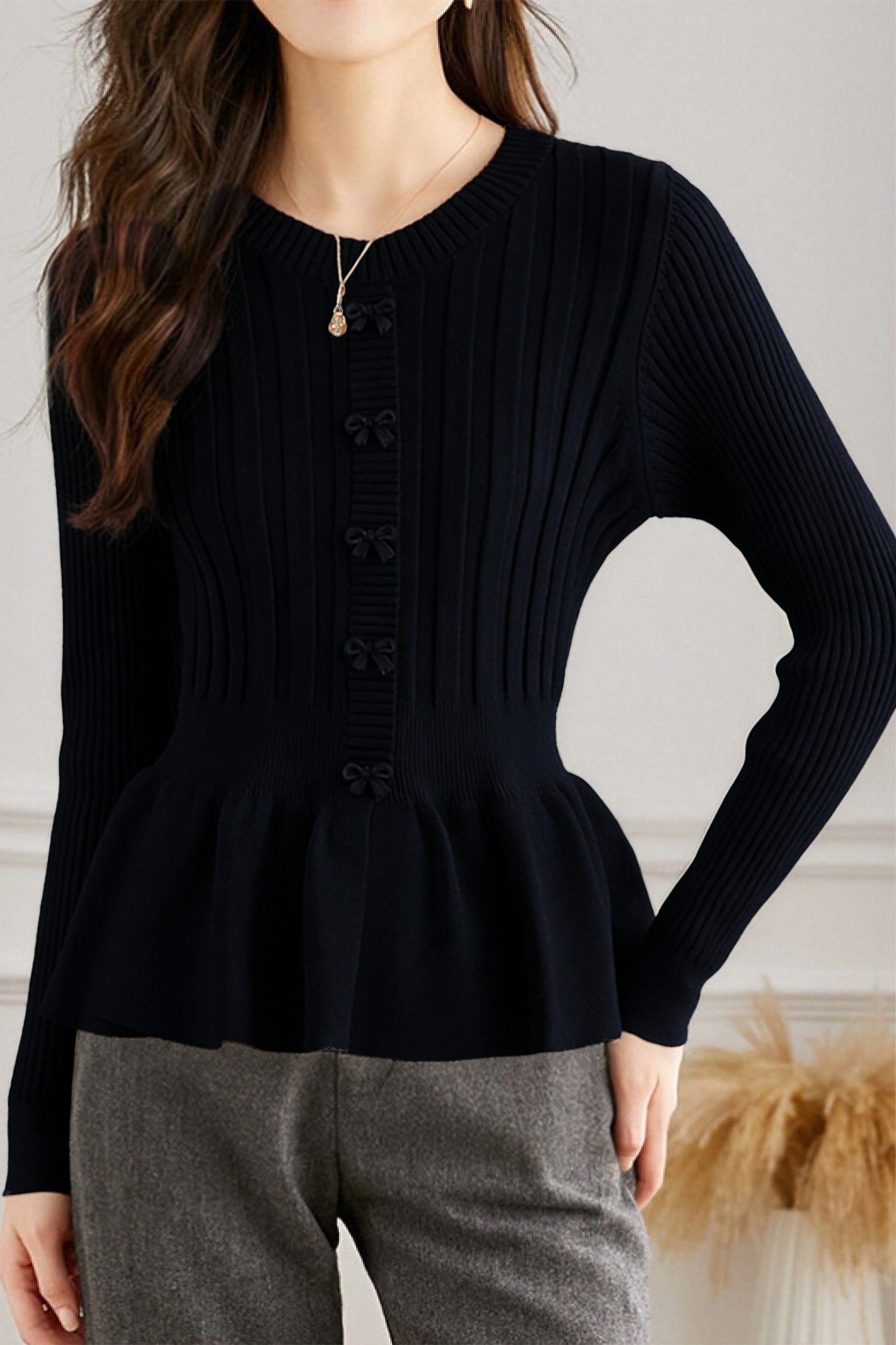 Casual Elegant Bowknot Decorative Button Pullover Knitted Top