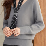 Casual Versatile V-Neck Polka Dot Scarf Necktie Batwing Sleeve Pullover Knitted Top