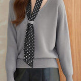 Casual Versatile V-Neck Polka Dot Scarf Necktie Batwing Sleeve Pullover Knitted Top
