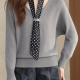 Casual Versatile V-Neck Polka Dot Scarf Necktie Batwing Sleeve Pullover Knitted Top