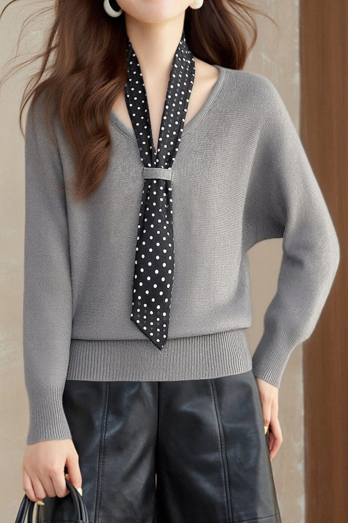 Casual Versatile V-Neck Polka Dot Scarf Necktie Batwing Sleeve Pullover Knitted Top