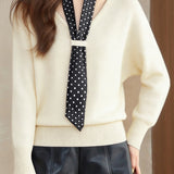 Casual Versatile V-Neck Polka Dot Scarf Necktie Batwing Sleeve Pullover Knitted Top
