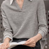 Elegant Color-Block Polo Collar Knitted Top