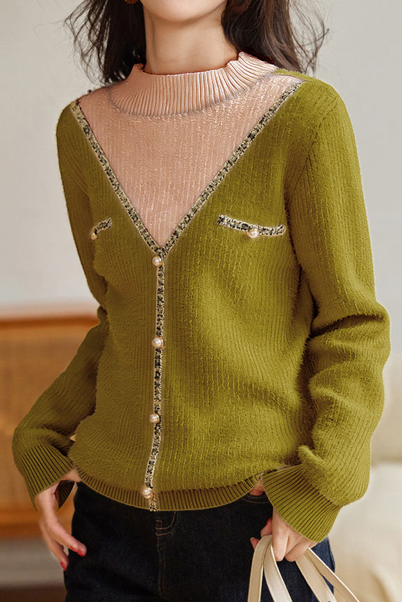 Casual Unique Fake Two-Piece Pearl Knitted Top