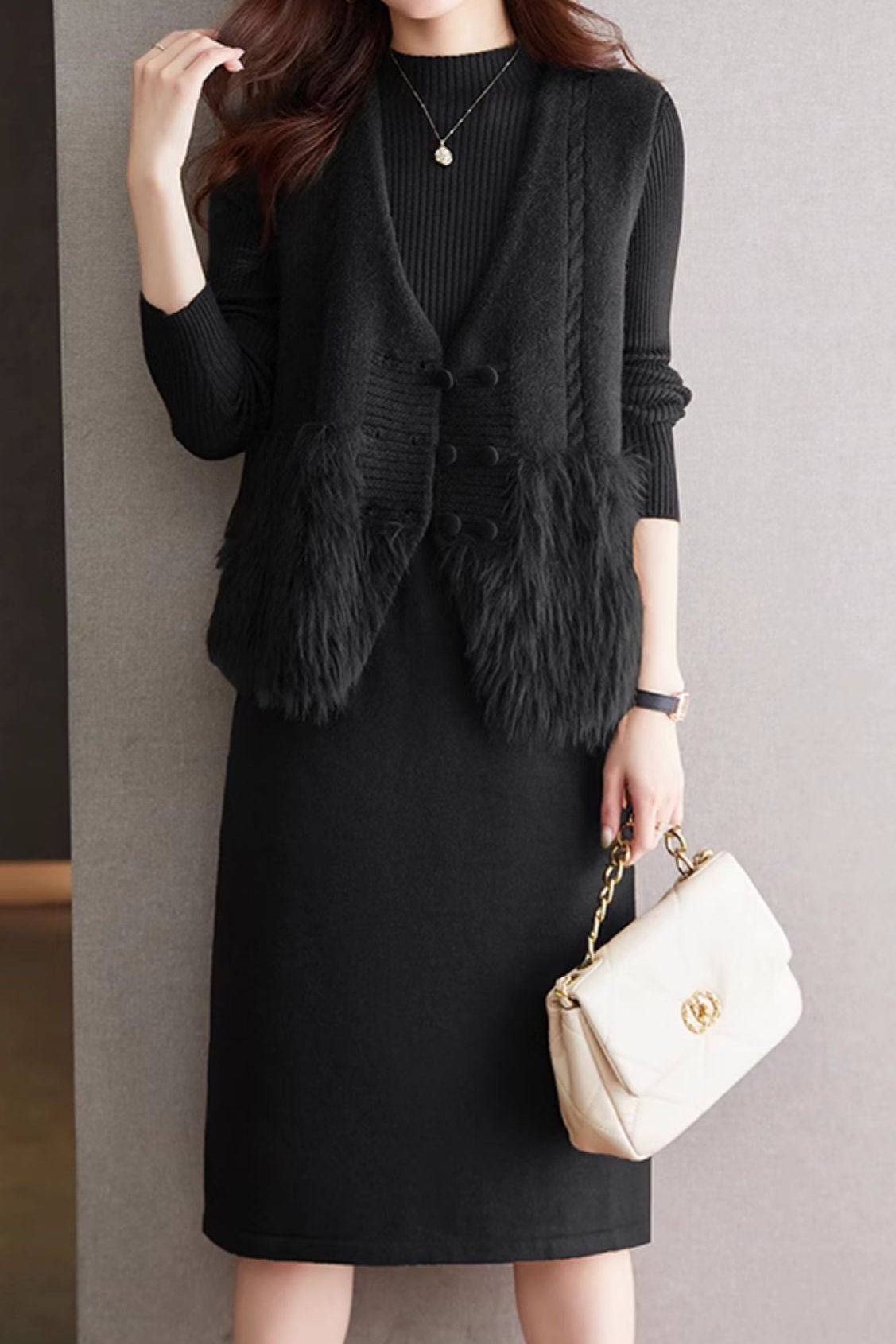 Casual Double-Breasted Vest and Knitted Dress Two-Piece Set