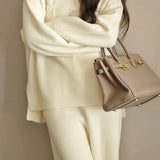 Casual Minimalist Long-Sleeve Knit and Wide-Leg Pants Two-Piece Set