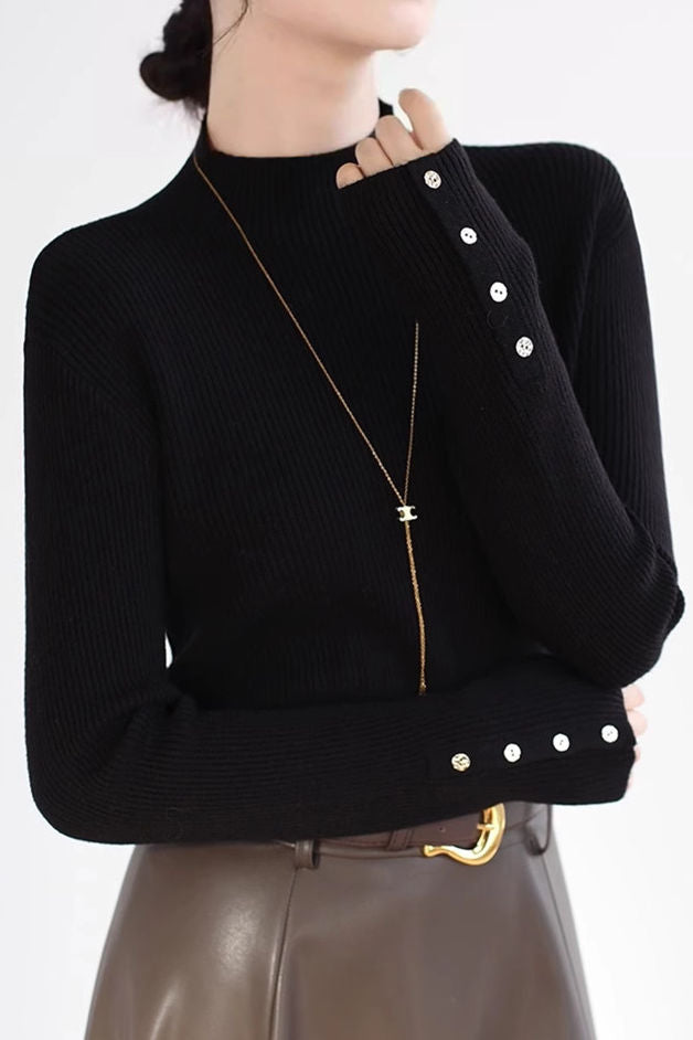 Casual Elegant Half-High Neck Ribbed Knit Base Layer Top