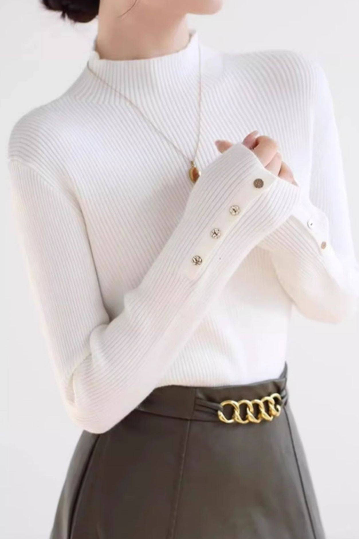 Casual Elegant Half-High Neck Ribbed Knit Base Layer Top