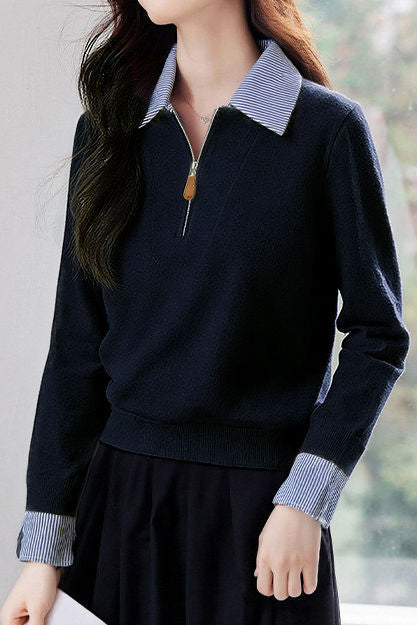 Casual Polo Collar Half-Zip Fake Two-Piece Knitted Top
