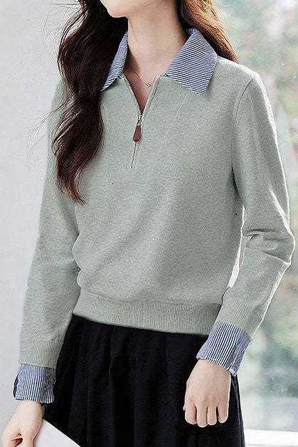 Casual Polo Collar Half-Zip Fake Two-Piece Knitted Top