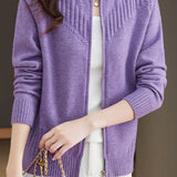 Casual Zipper Ribbed Wool Cardigan