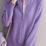 Casual Zipper Ribbed Wool Cardigan