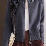 Casual Crew Neck Loose Pearl-Embellished Cardigan - liwisi